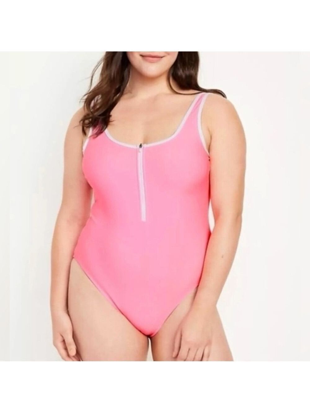 🆕 XL • Old Navy • Vibrant Pink One-Piece Swimsuit with White Half Zipper